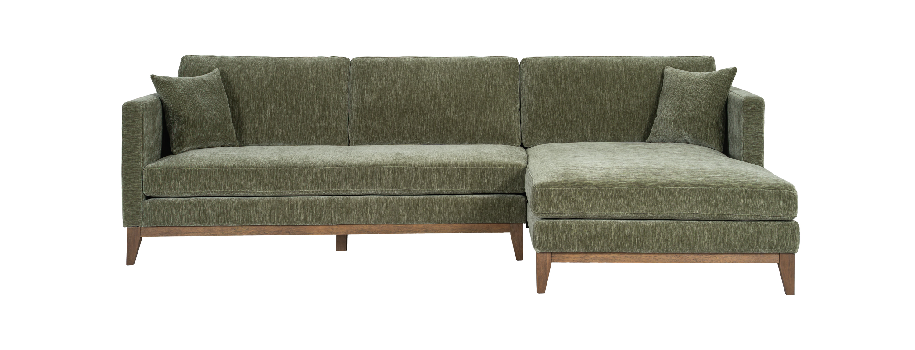 Green upholstered sectional sofa with wooden legs and two cushions.