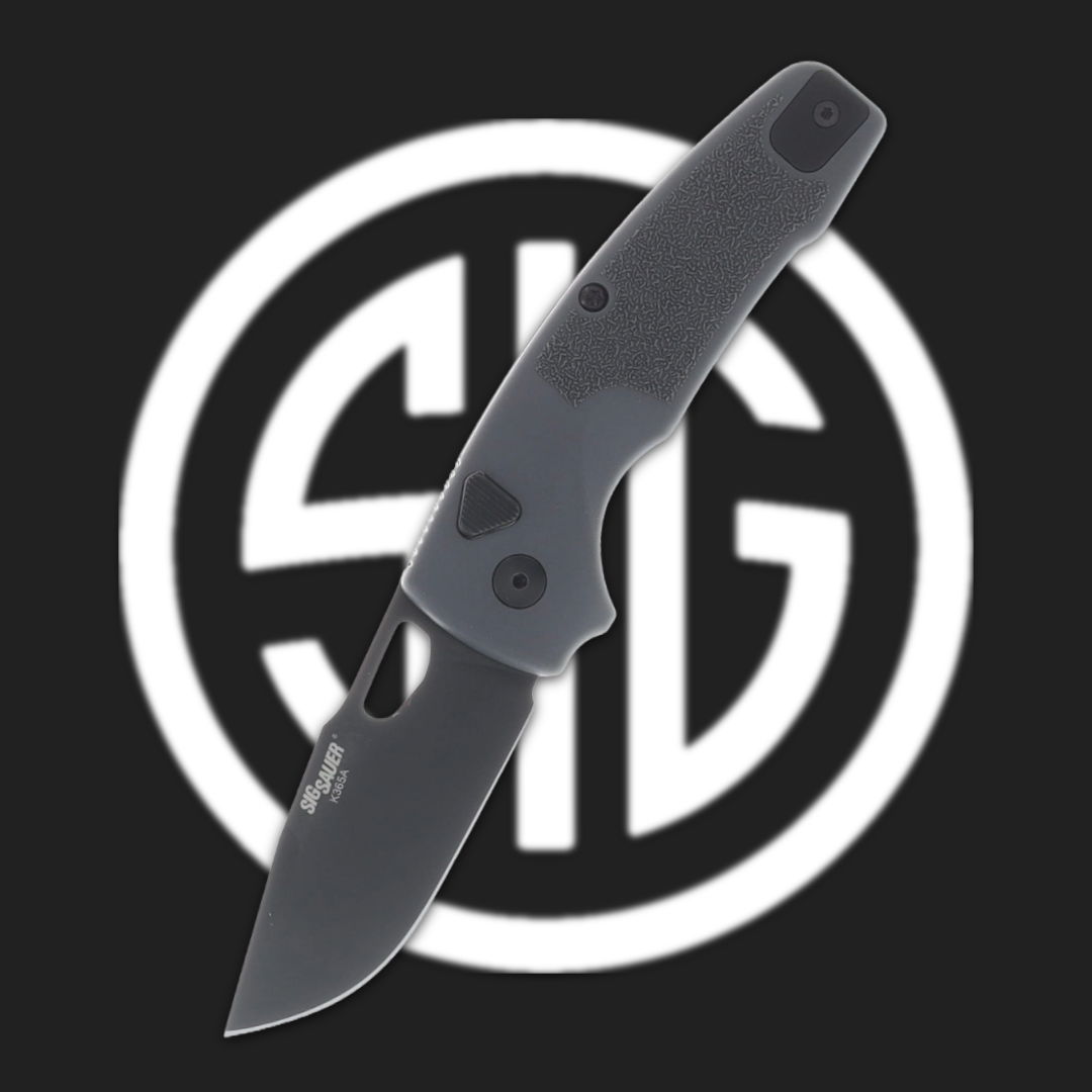 Folding knife with a black blade and gray handle on a logo background.