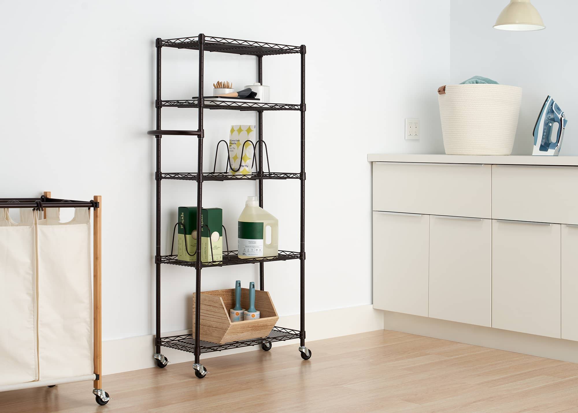 small size shelving rack in a laundry room