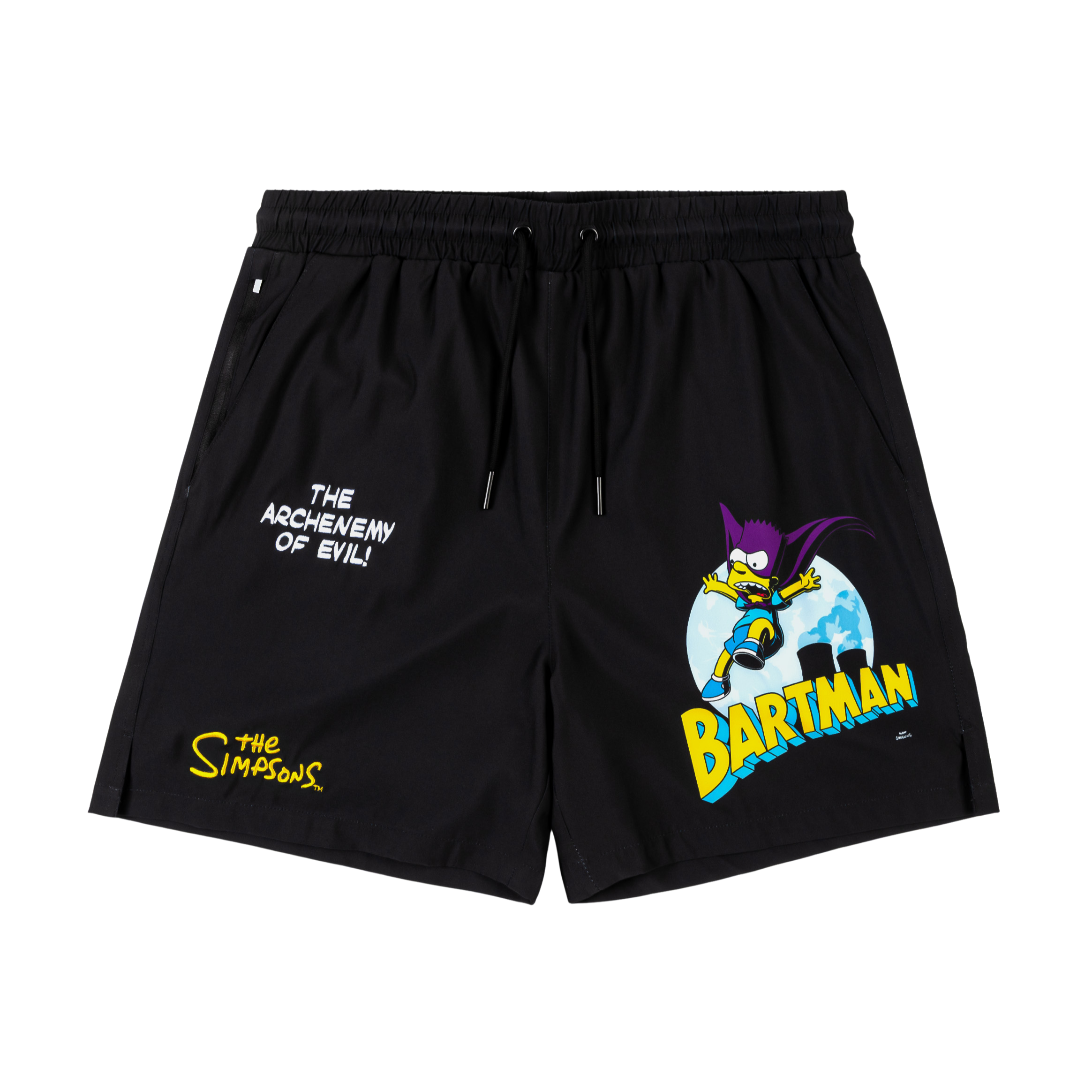 Black swim shorts featuring Bartman graphic and text.