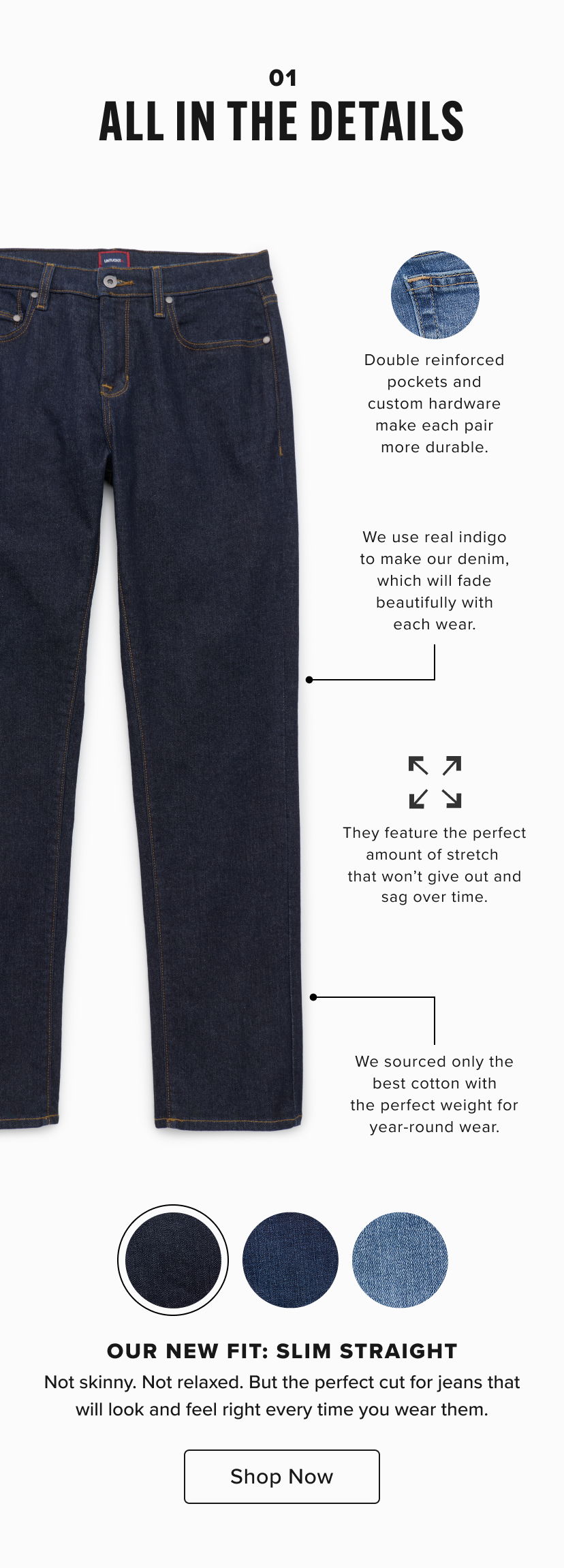 Jeans advertisement highlighting details and new fit options.