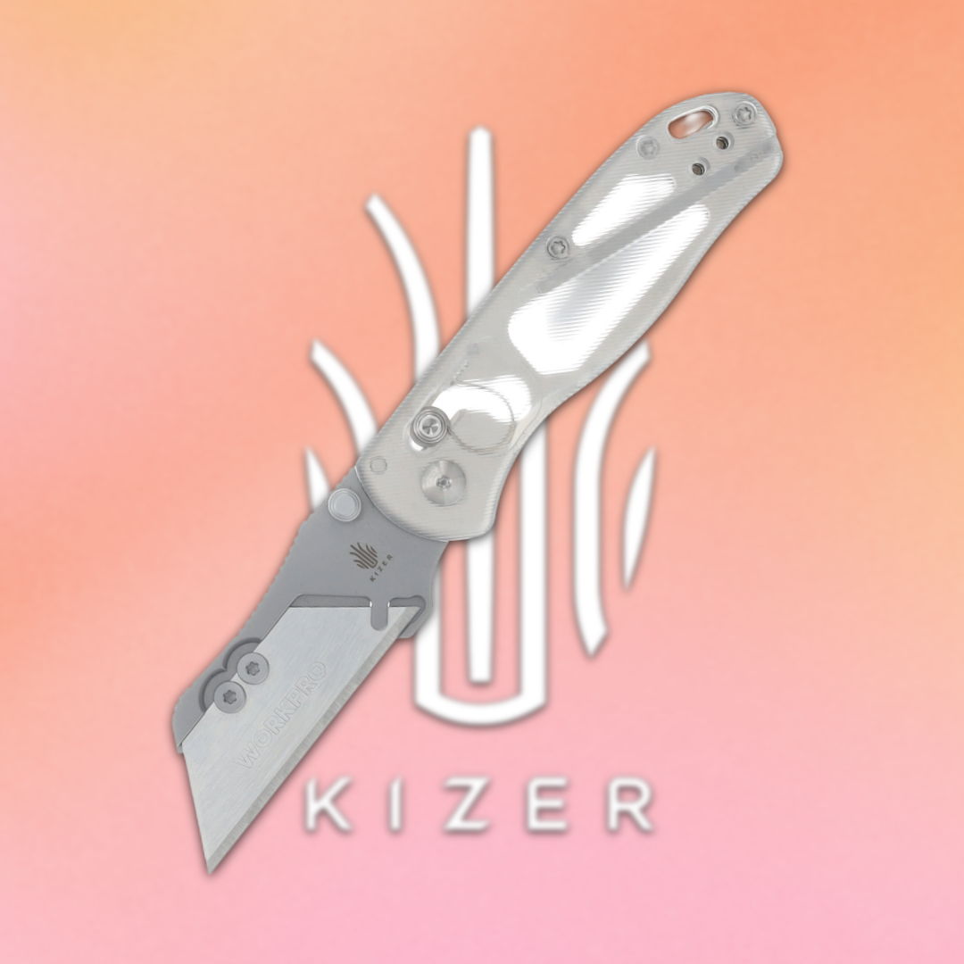 A silver folding knife with a Kizer logo on a gradient background.