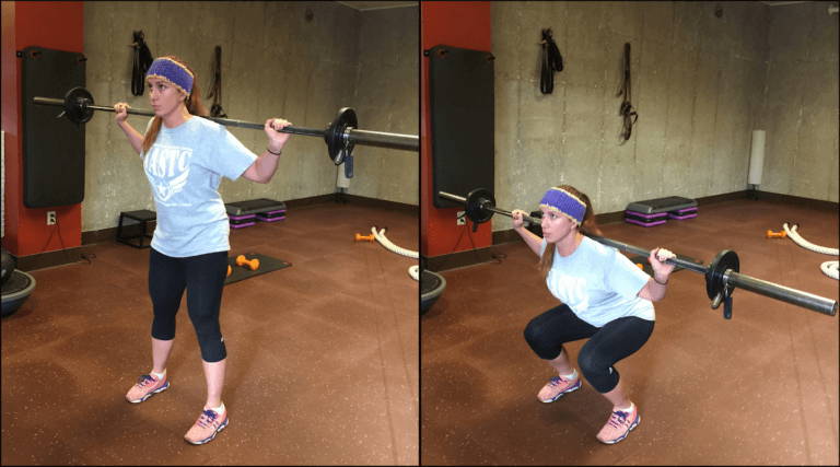 A woman performs a weighted squat in preparation for ski season.