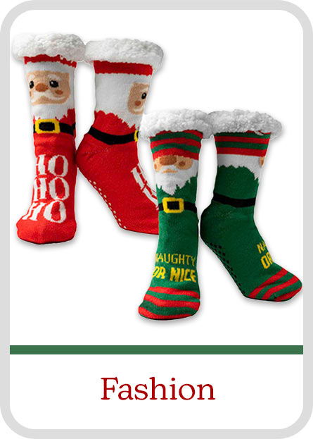 Two pairs of festive Christmas socks featuring Santa Claus designs. Gift Category: Fashion