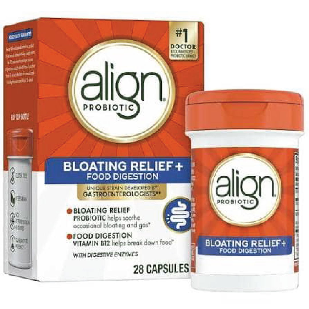 Align Probiotic bloating relief capsules packaging with orange and white design.