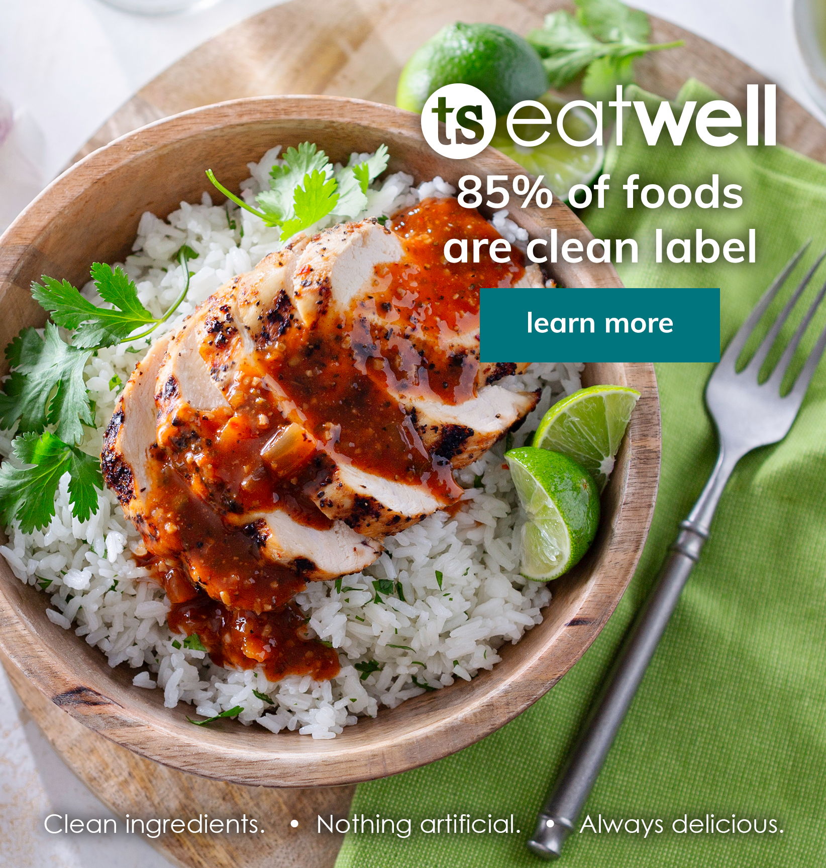 ts eatwell banner featuring a rice bowl and pork with a learn more button