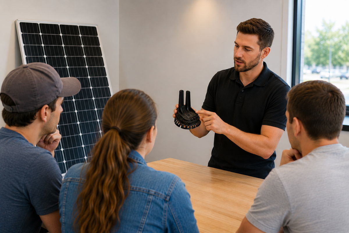 A man showing the Pegasus Instaflash mounting system to three people near a solar panel.