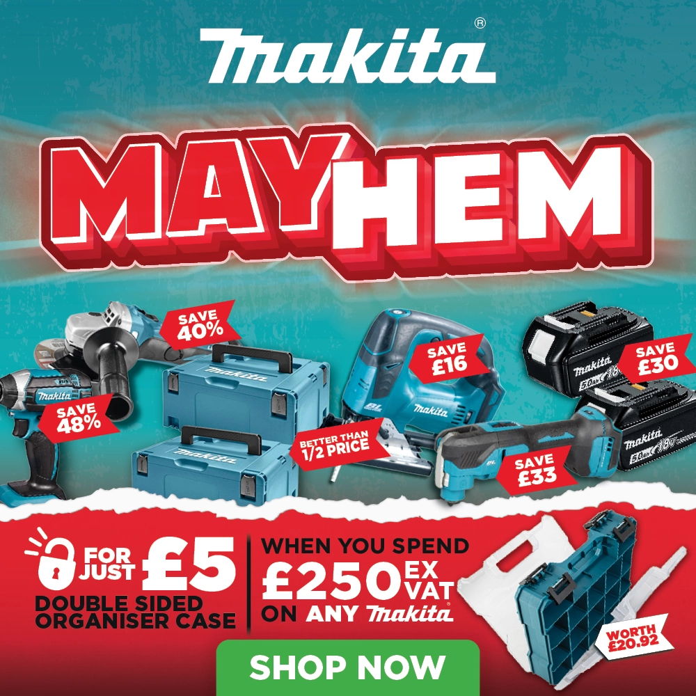Promotional image for Makita tools with discounts and offers.