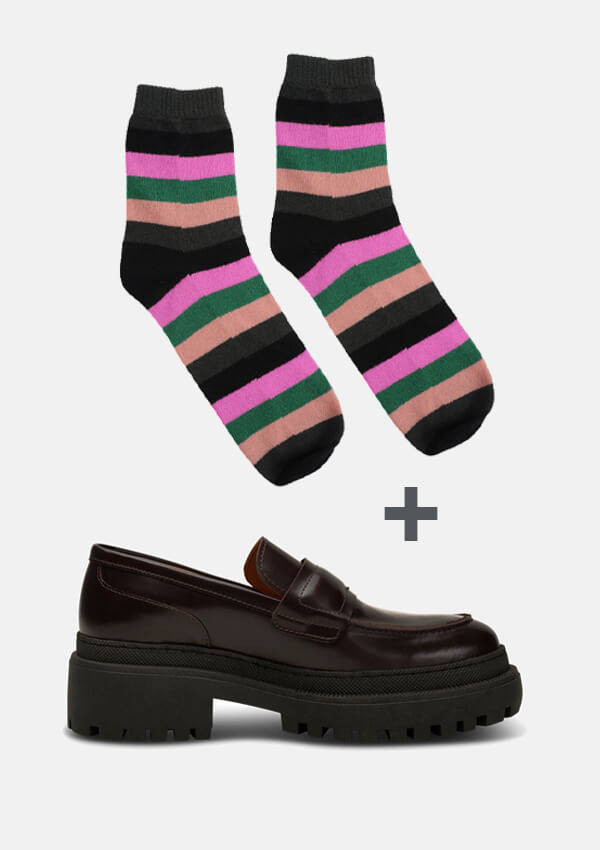 A flat lay of the Jumper 1234 Multi Stripe Socks with the Shoe The Bear Iona Saddle Loafer.