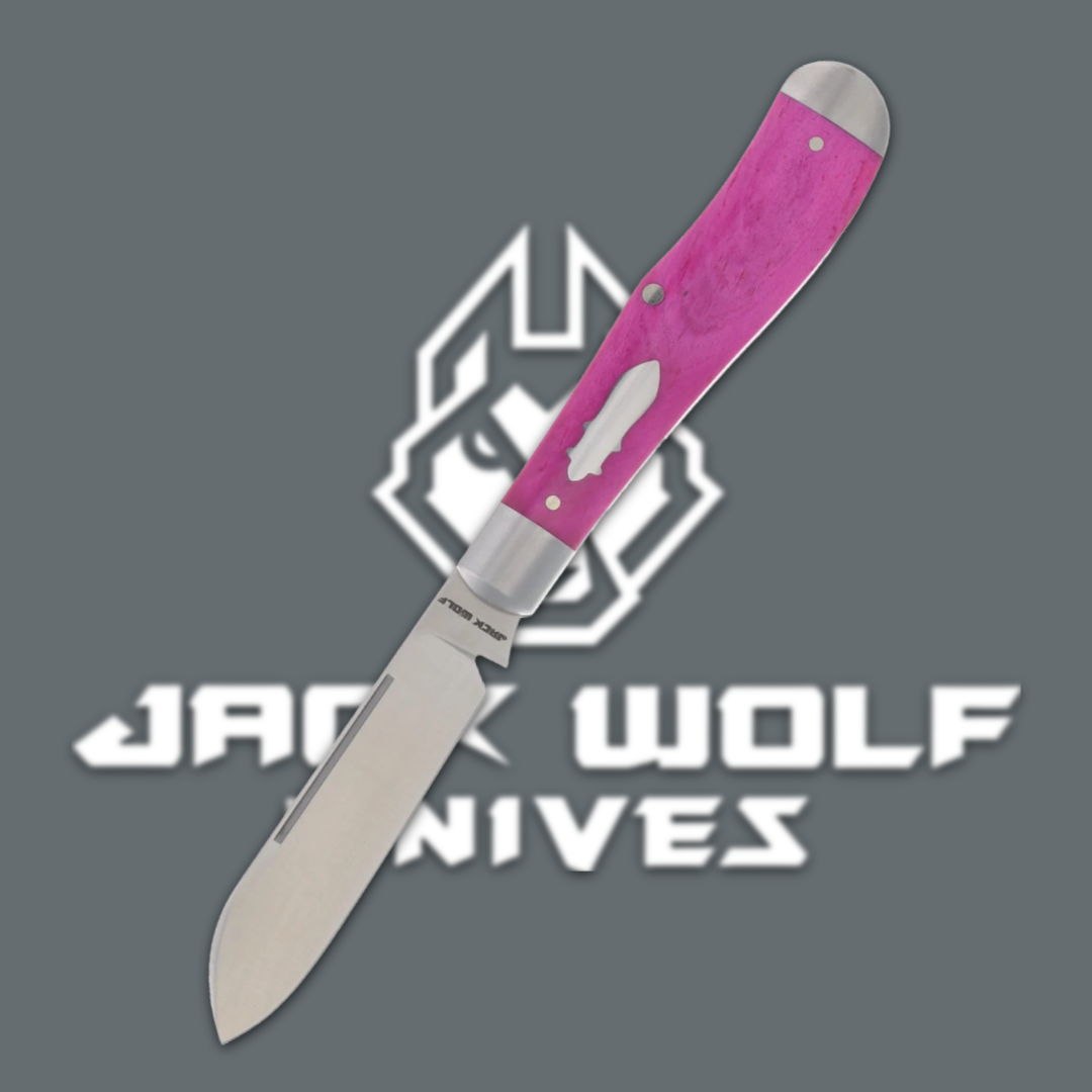 Pink folding knife with silver accents against a gray background featuring a logo.