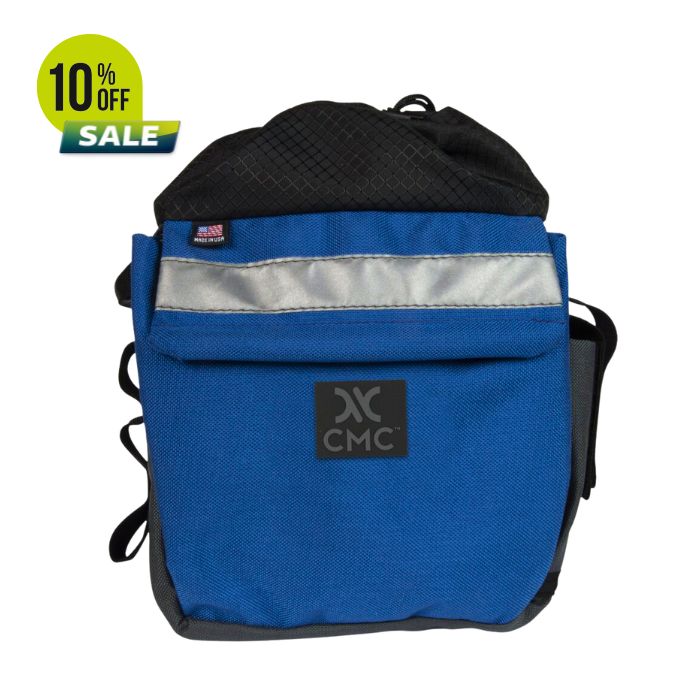 Blue backpack with reflective strip and sale banner indicating 10% off.
