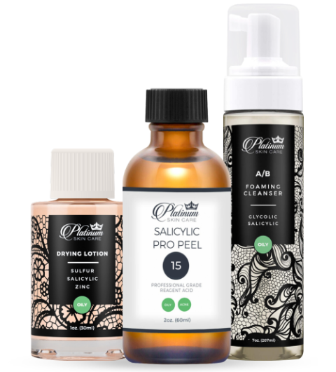 Three skincare products on a black background: lotion, peel, and cleanser.