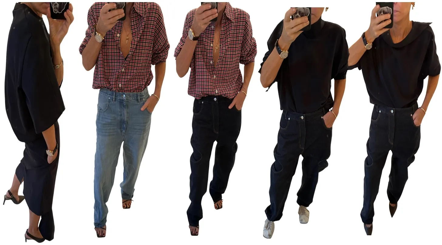 Five outfits displayed on a person, showcasing different styles and colors.