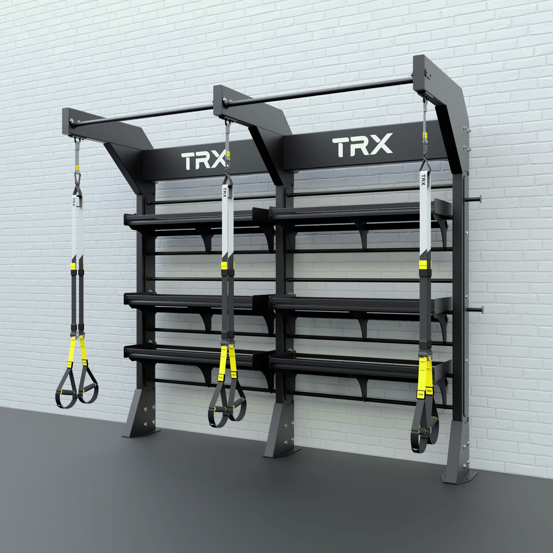 TRX suspension training equipment mounted on a wall with storage shelves.