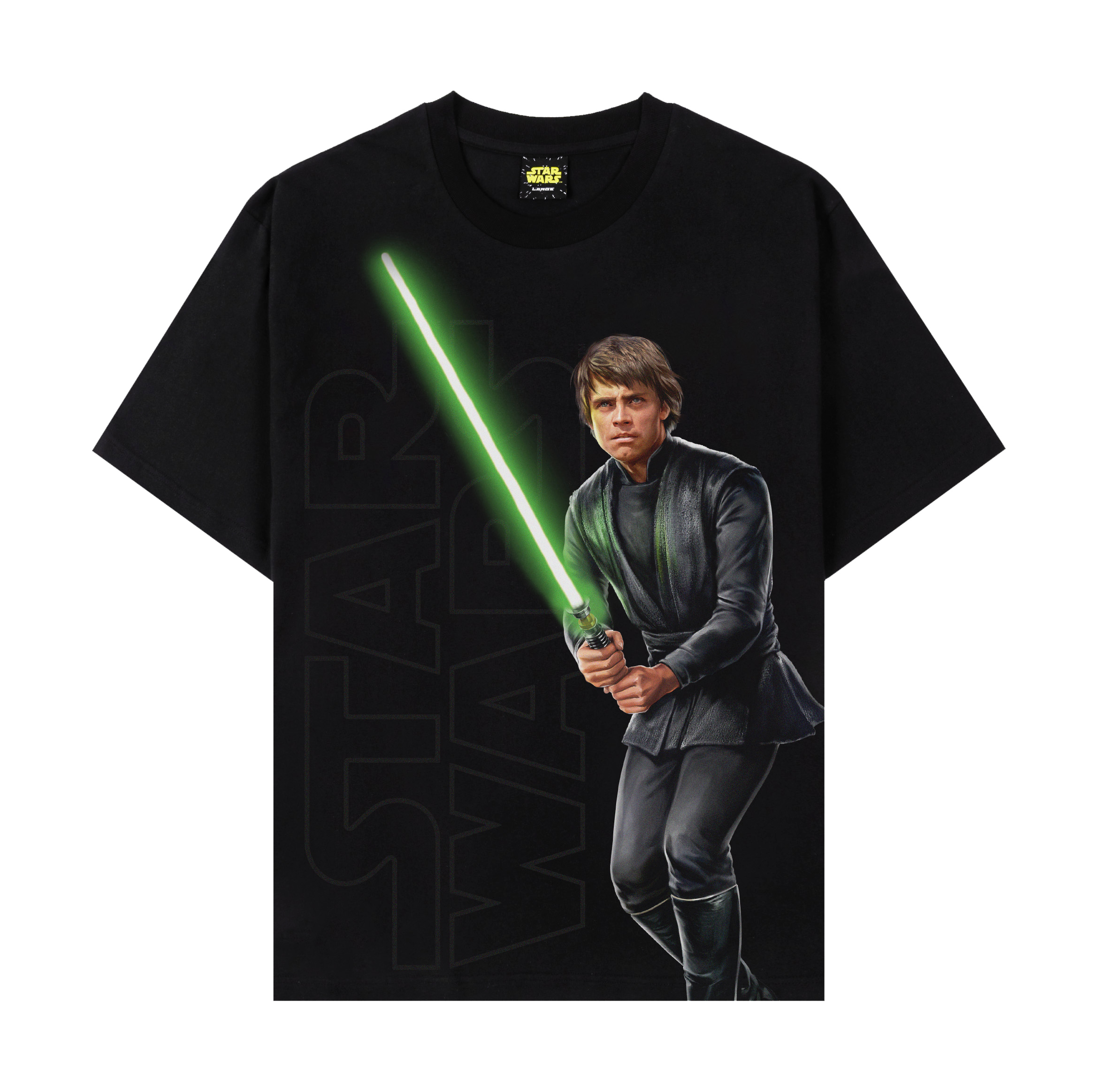 Black t-shirt featuring a character with a green lightsaber from Star Wars.
