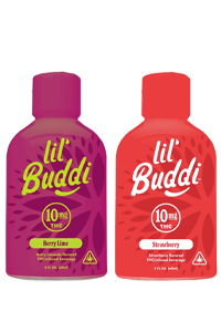 Two bottles of lil' Buddi flavored liquids: Berry Lime and Strawberry.