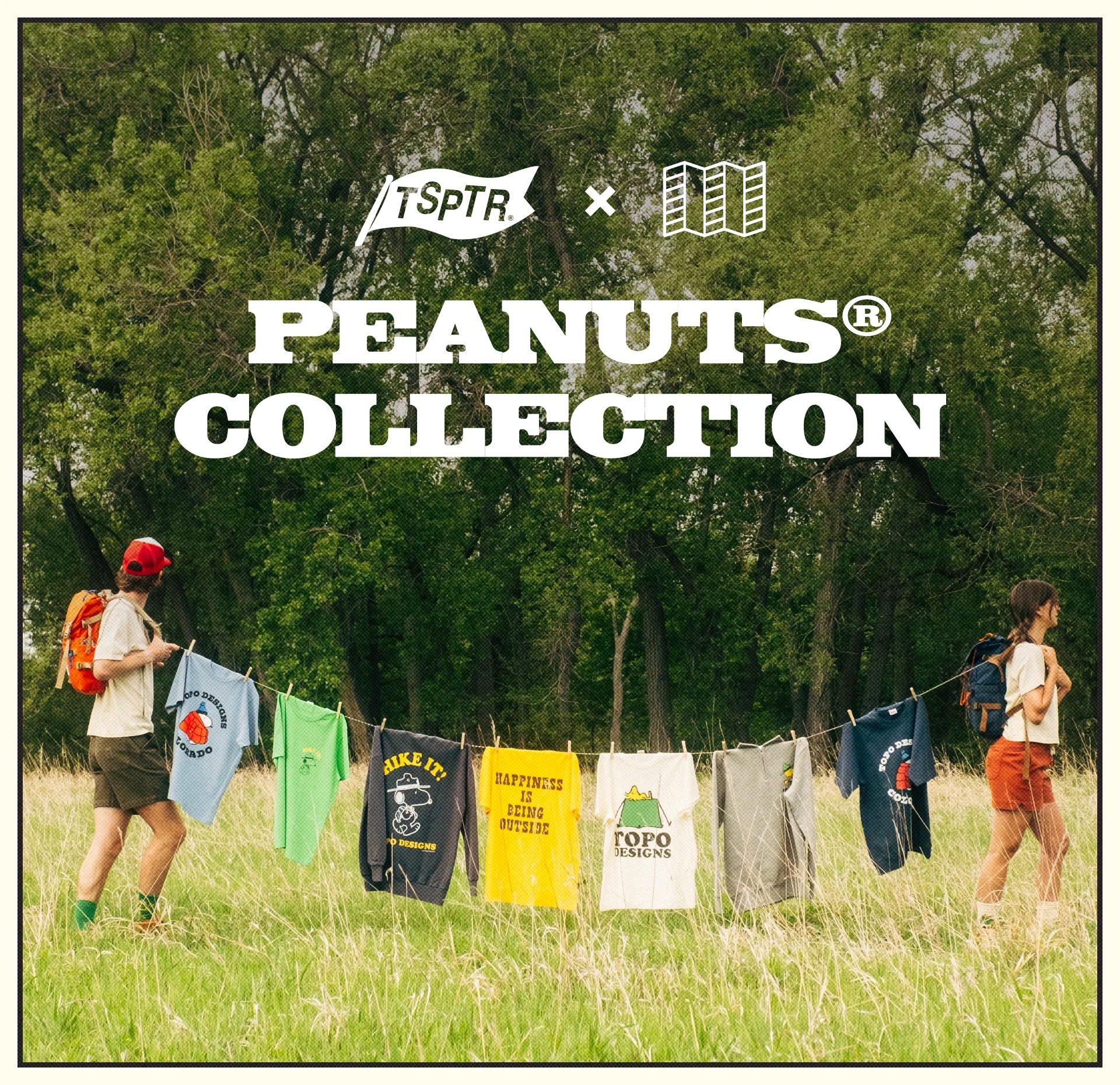 T-shirts hanging on a line, featuring the Peanuts Collection logo.