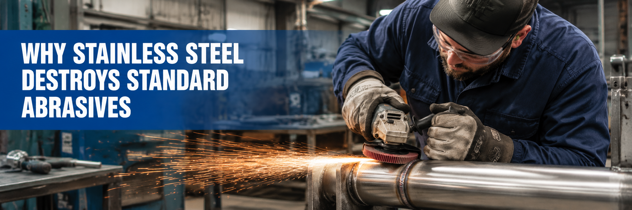 Technician grinding stainless steel with ceramic flap disc in fabrication shop