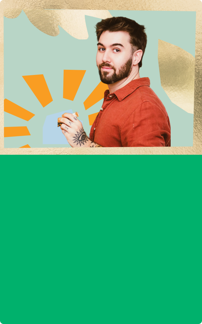 Man with a beard and tattoo, standing against a colorful background.