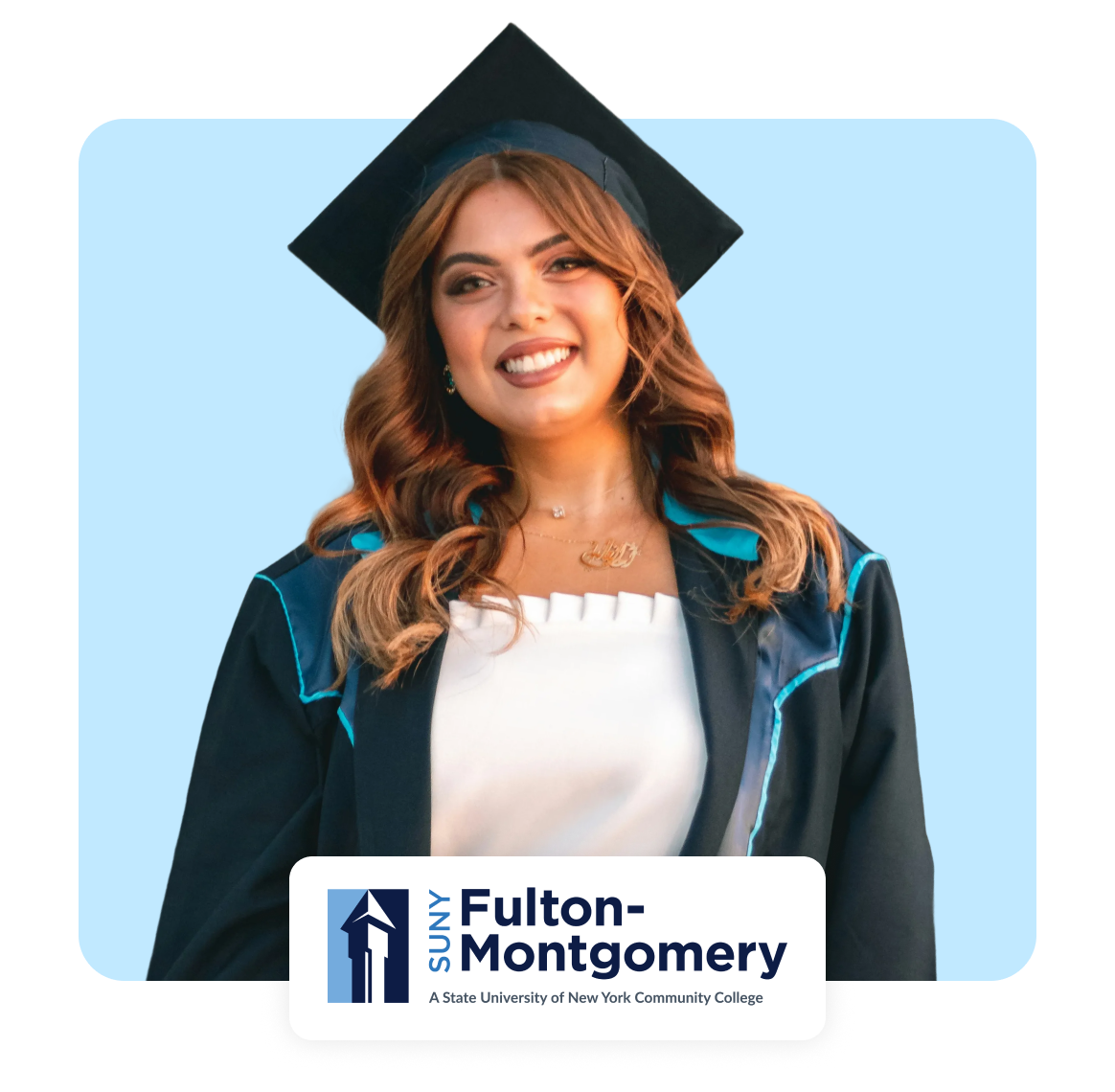 Graduation portrait of a smiling student wearing a cap and gown.