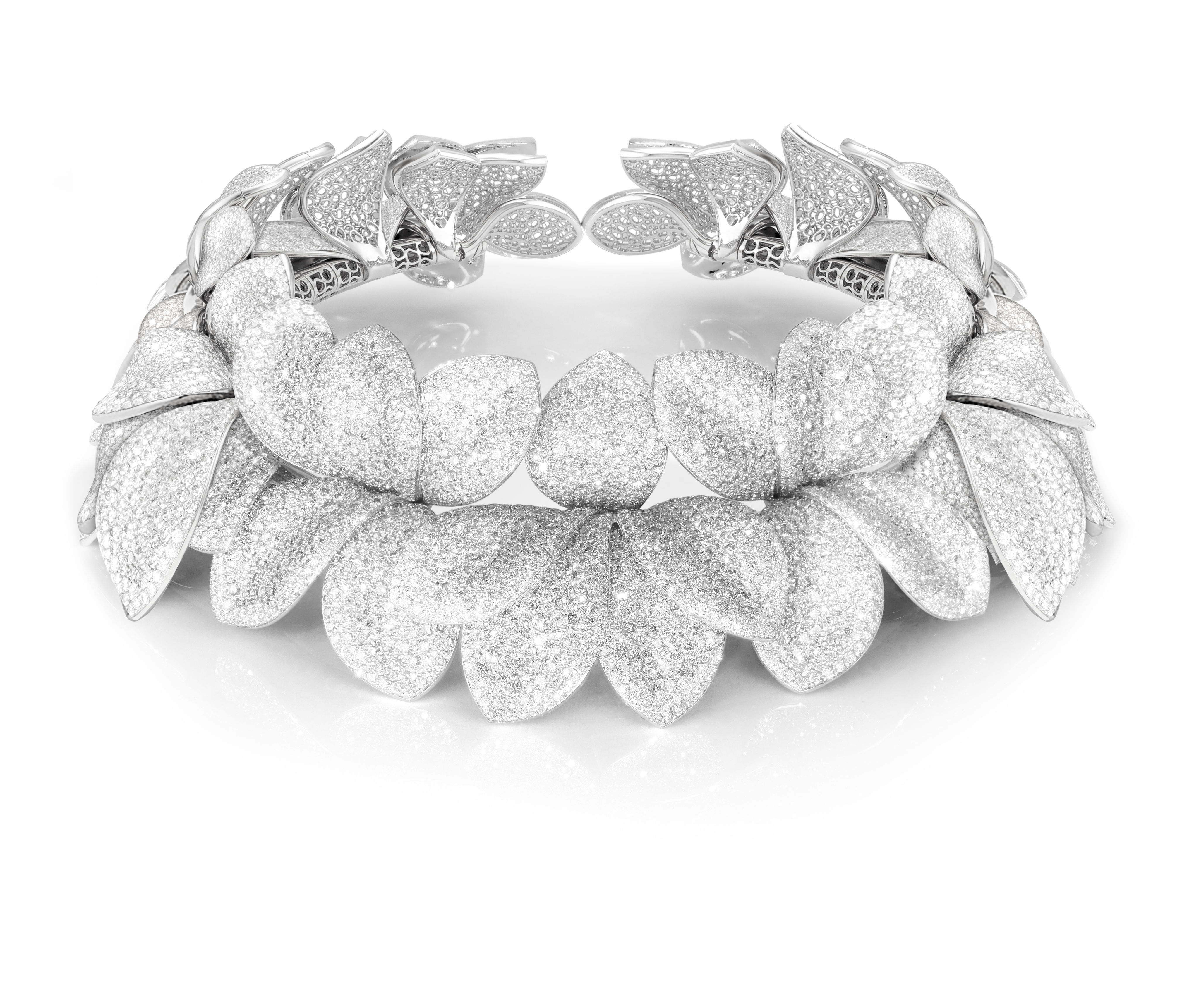 A sparkly silver bracelet with leaf-shaped designs.