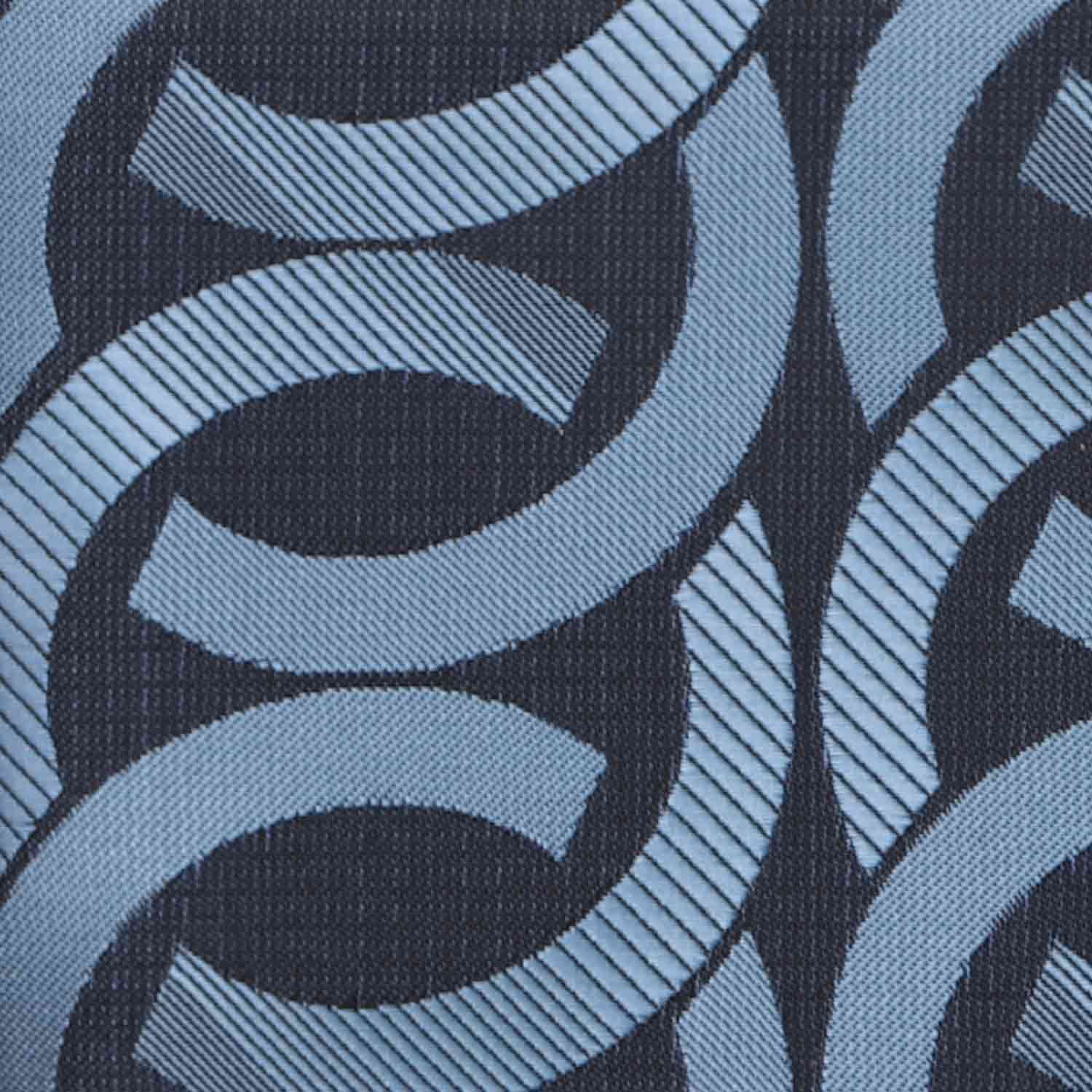 Closeup of a dark blue large link pattern tie