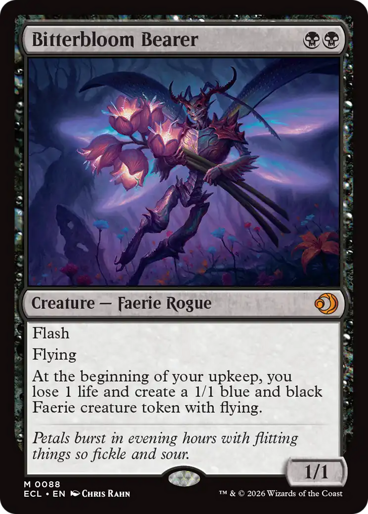 Bitterbloom Bearer card featuring a Faerie Rogue with flowers and a magical background.