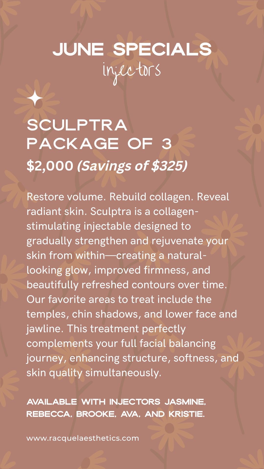 Promotional flyer for Sculptra package offering collagen treatment.