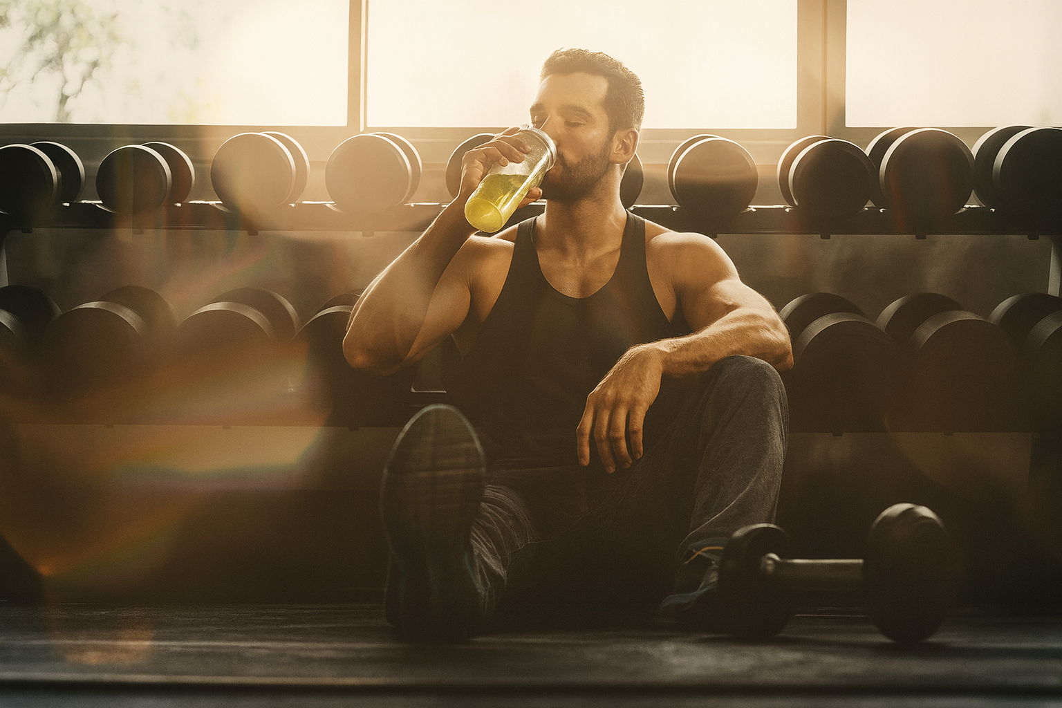Man sitting on gym floor, drinking beverage, with weights in background.