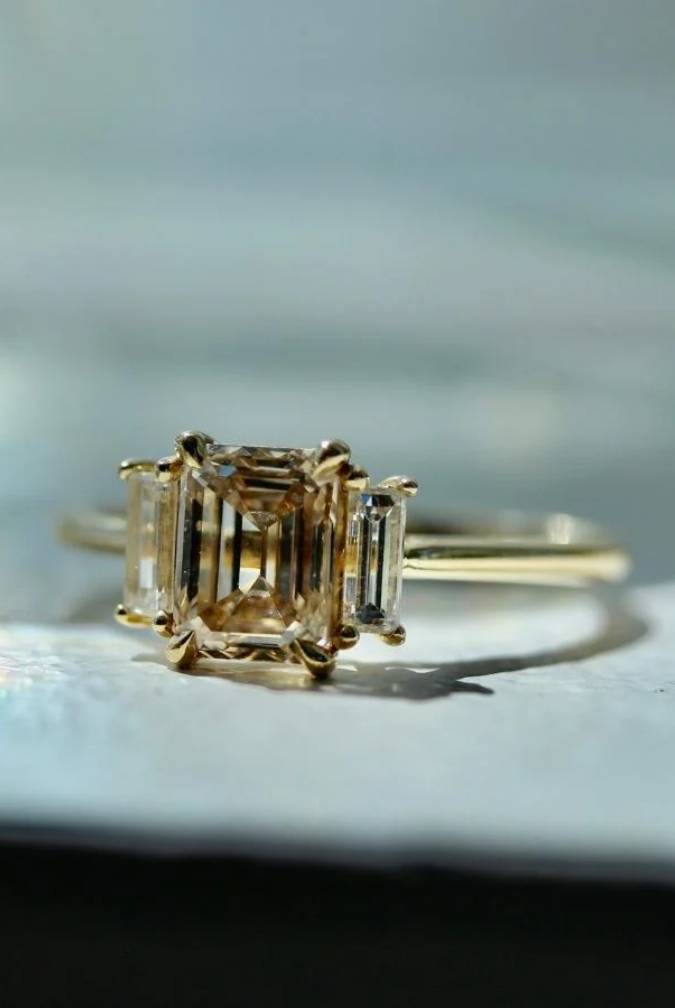 Emerald Cut Champagne Diamond Ring With Baguette Sides