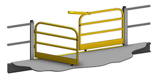 Double swing mezzanine gate with 2 rails and yellow paint.