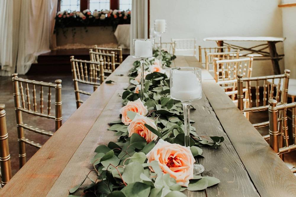 Wood Table with Greenery and Roses