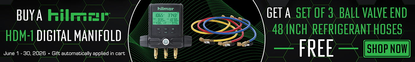 Get a FREE set of 3 ball valve end refrigerant hoses when you buy the hilmor HDM-1 Digital Manifold!