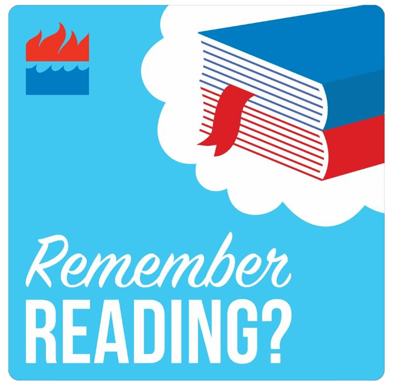 Logo with blue background, books, and text: 