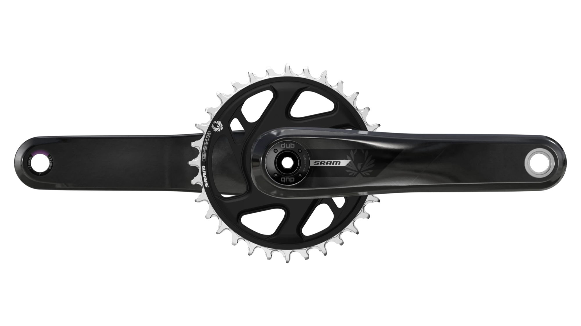 Black bicycle crankset with chainring and pedals.