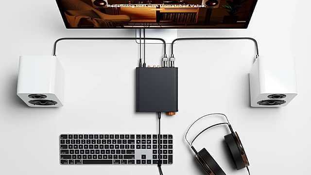 Computer setup with speakers, DAC, keyboard, and headphones on a desk.