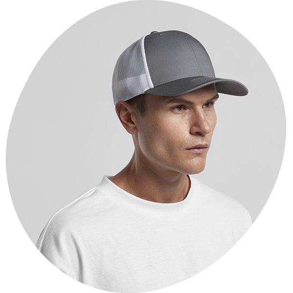 Model wearing a grey and white structured trucker cap