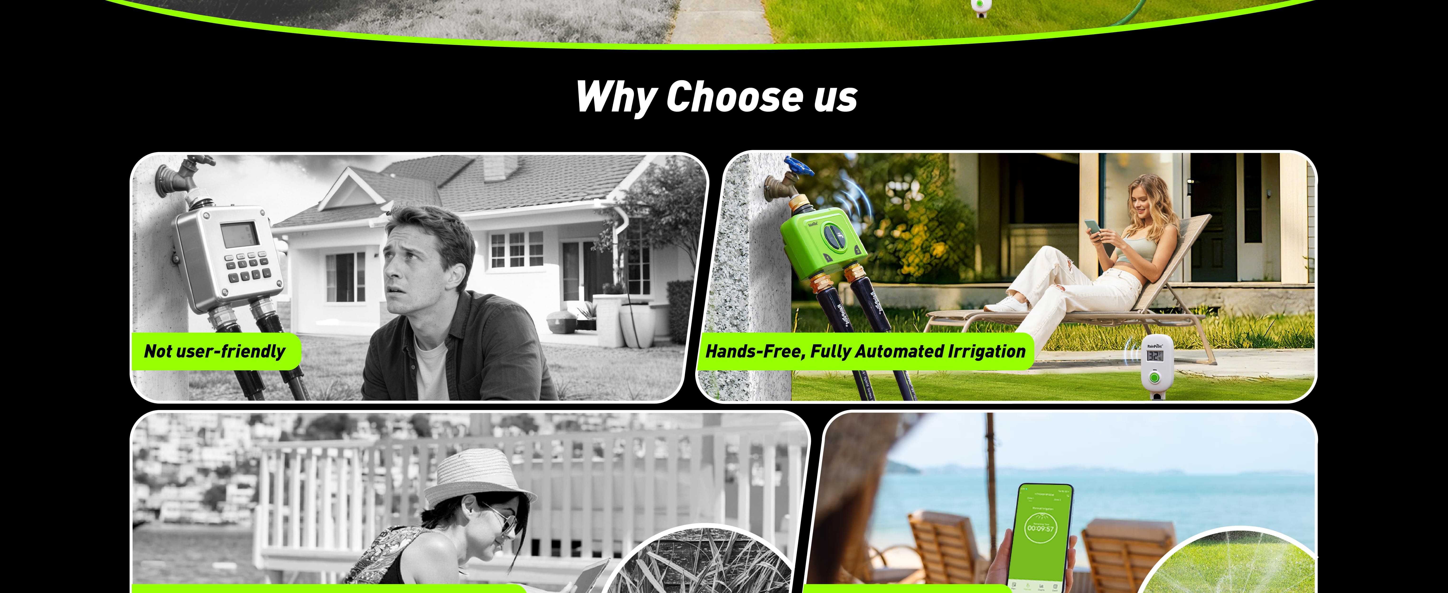 Promotional image with four sections highlighting different services and benefits.