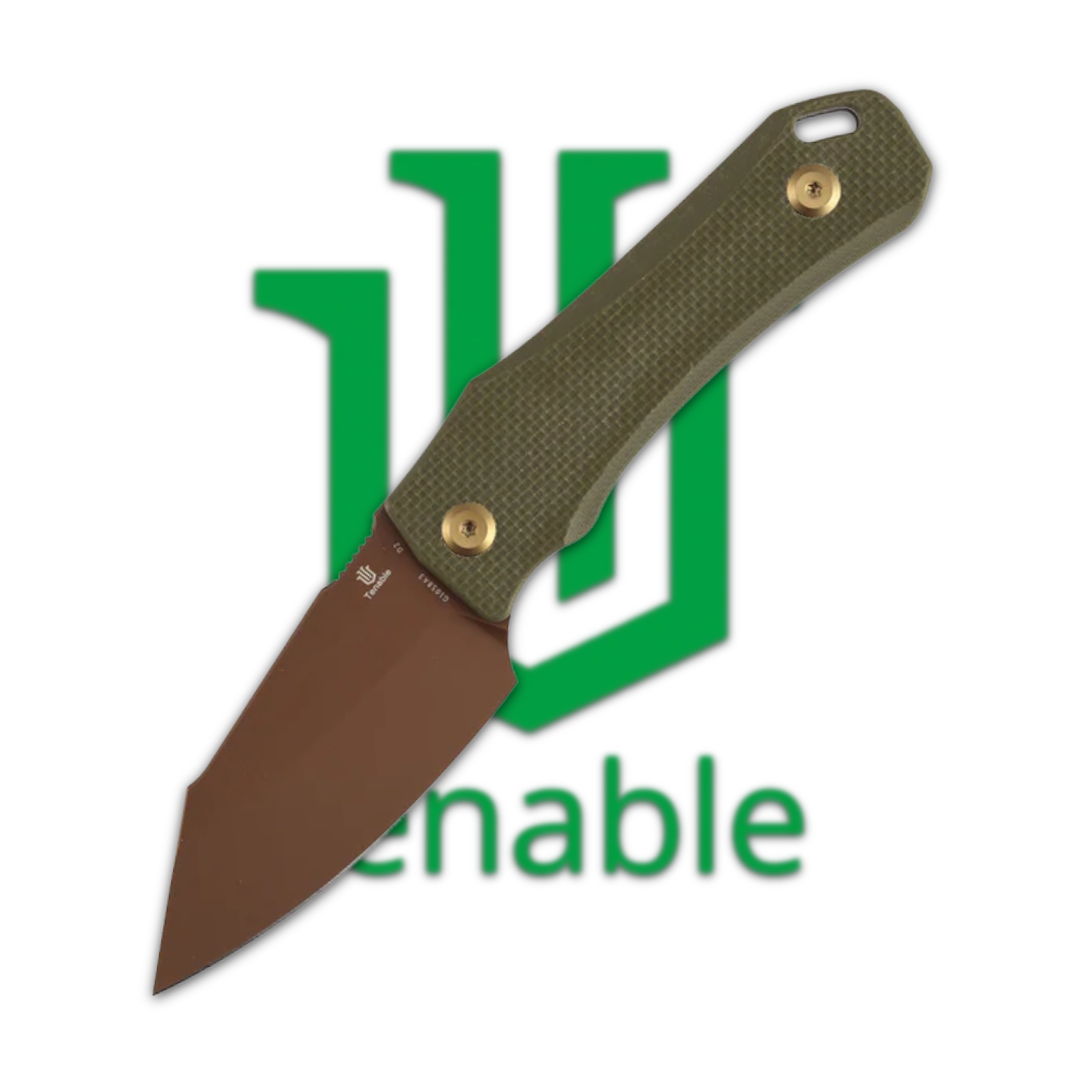 A knife with a green handle in front of a logo.