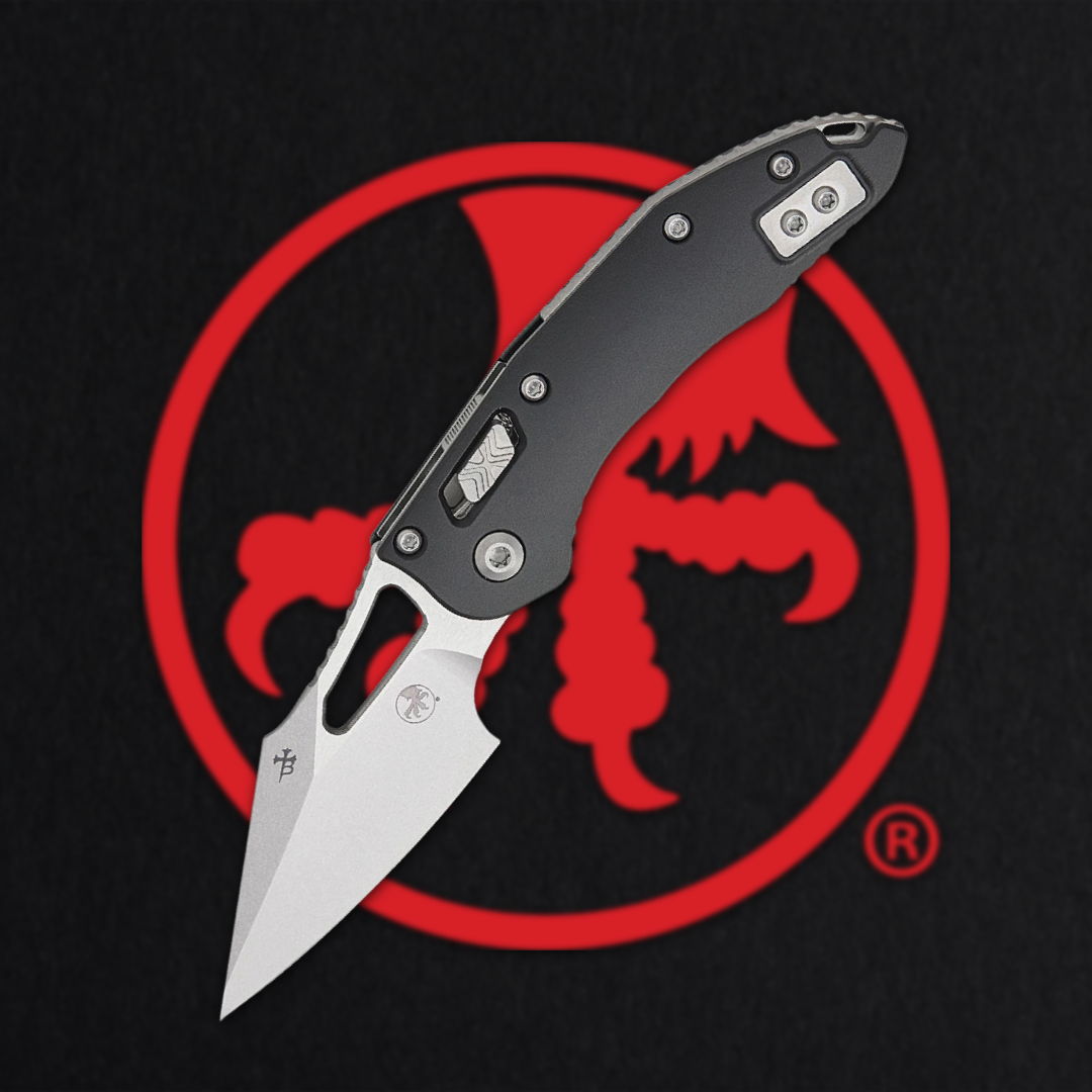 Folding knife with a black handle and silver blade on a red logo background.