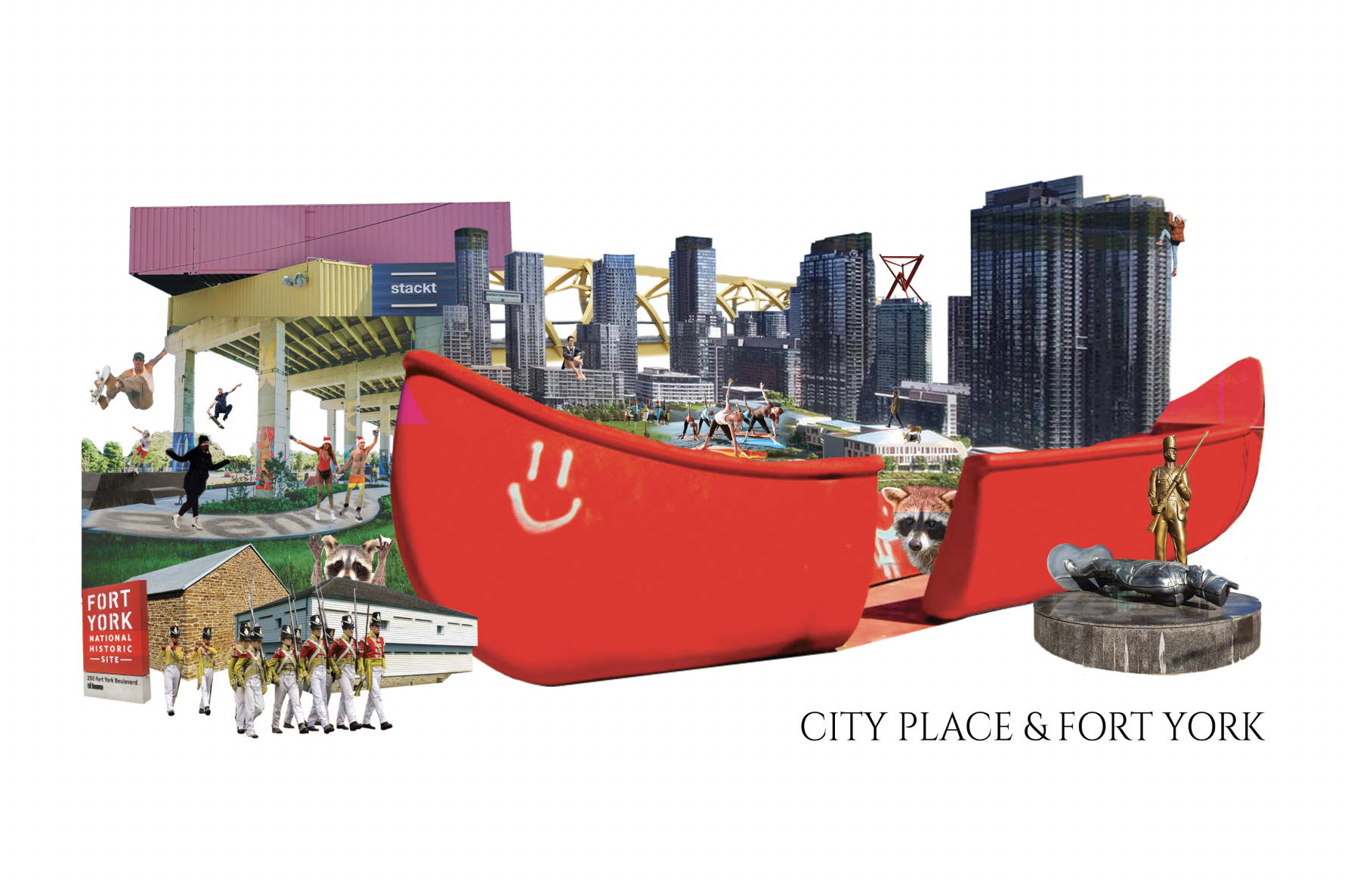 A digital collage of Toronto's City place neighbourhood featuring historic Fort York and the Bentway