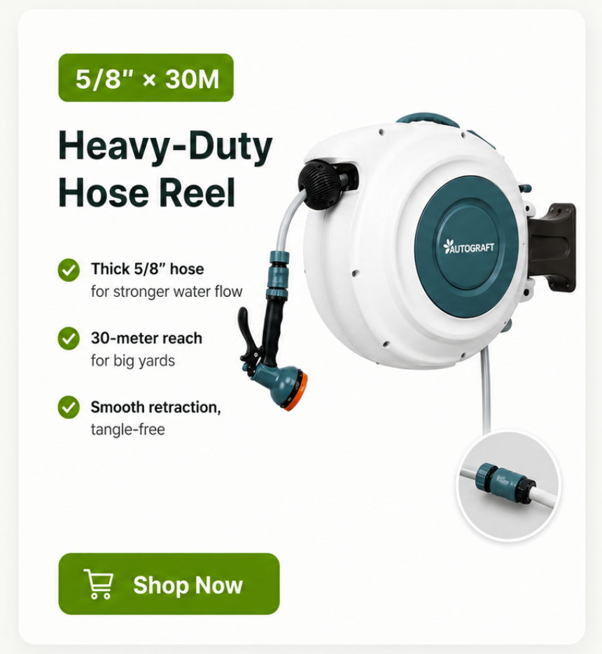 Heavy-duty hose reel with 30-meter reach and smooth reaction.