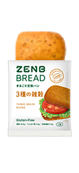 Gluten-free Zeng Bread packaging with three grain blend and sandwich illustration.