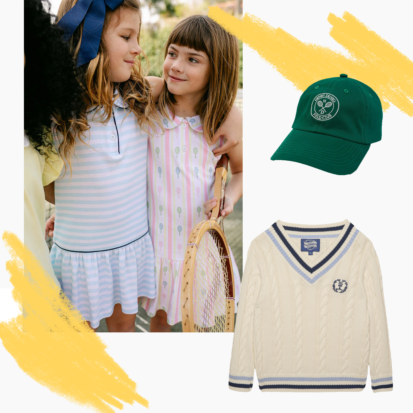 Two girls in summer outfits with a green cap and sweater displayed.