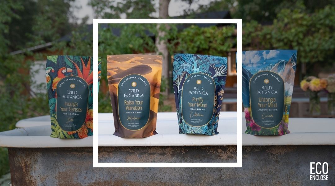 Four colorful bags of eco-friendly products displayed outdoors.
