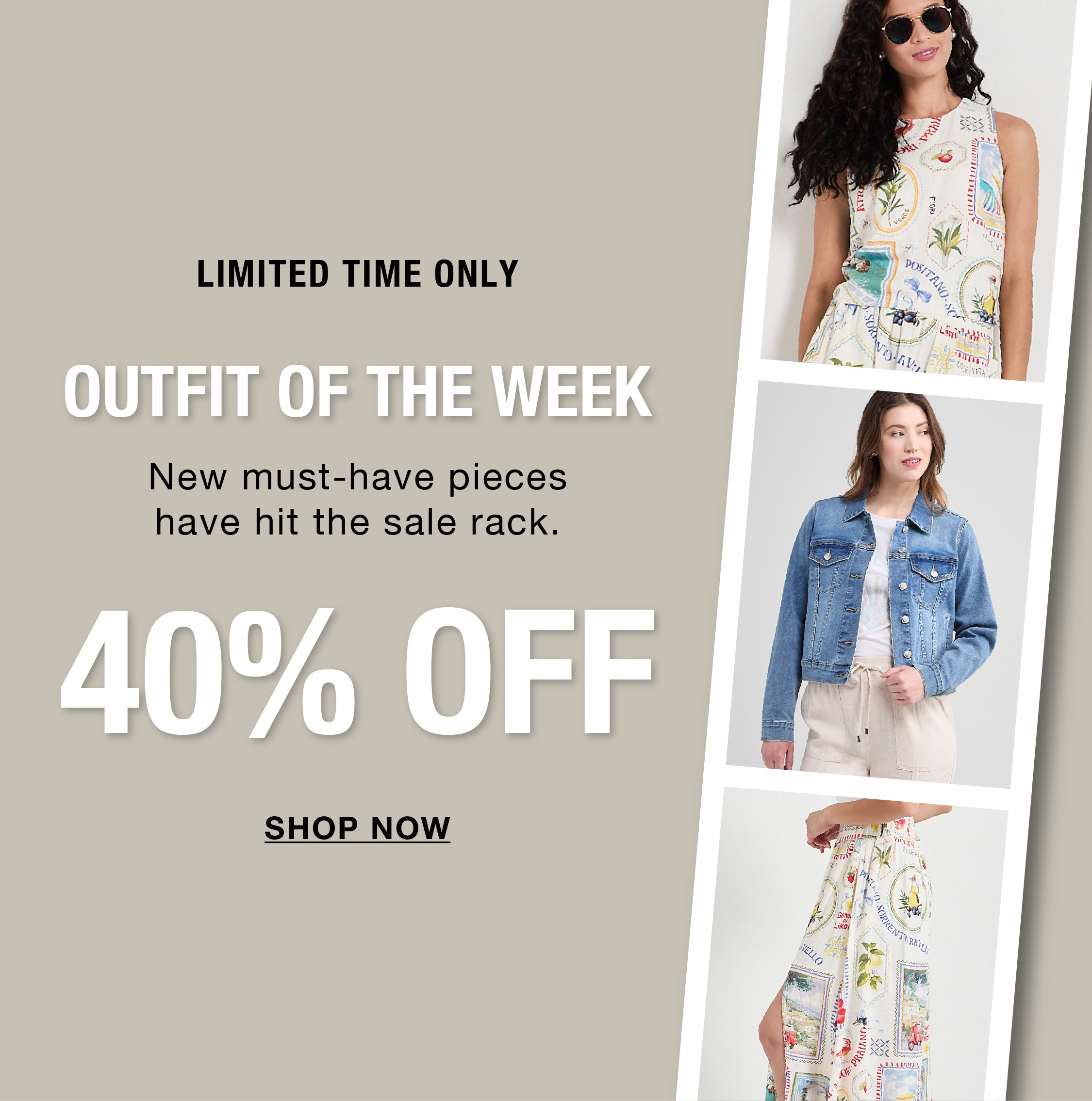 Promotional image for a sale on fashionable outfits. 40% off.
