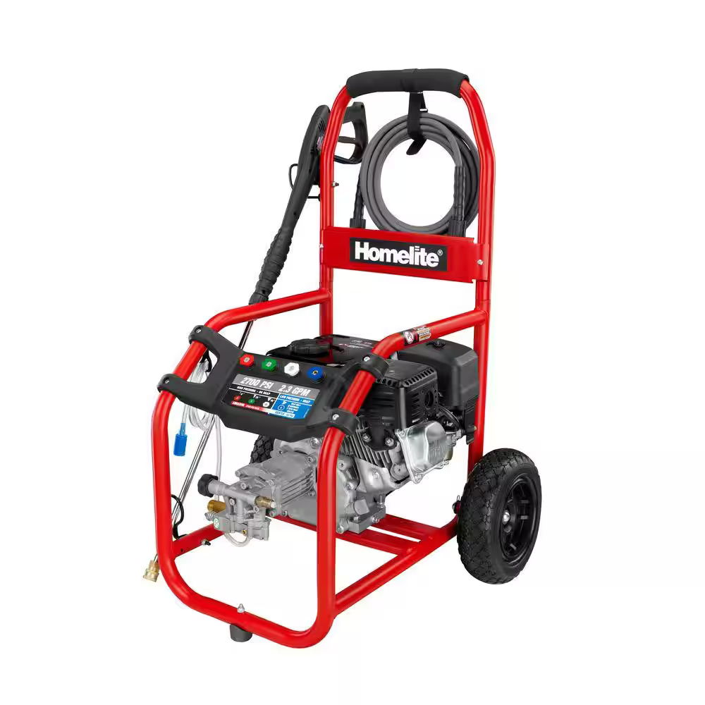 Pressure washer on a red cart with wheels and hose.