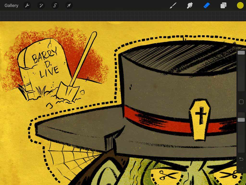 Zoom of ink being erased from hat of grave robber using subtle brush in Procreate
