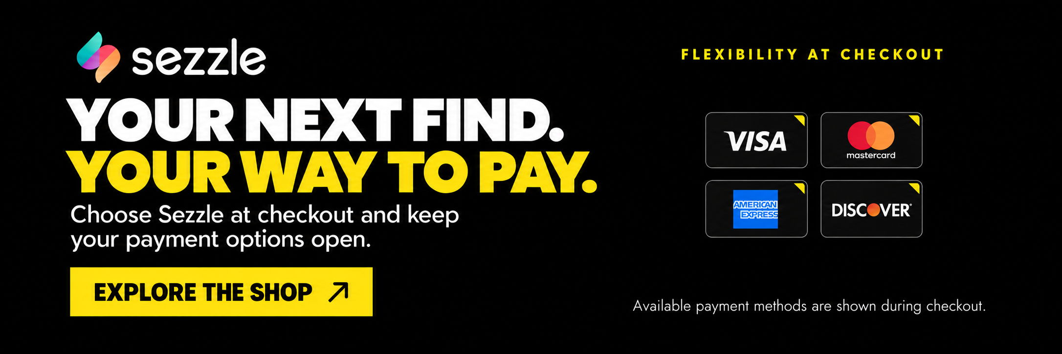 Sezzle payment options banner with text about shopping and payment methods.