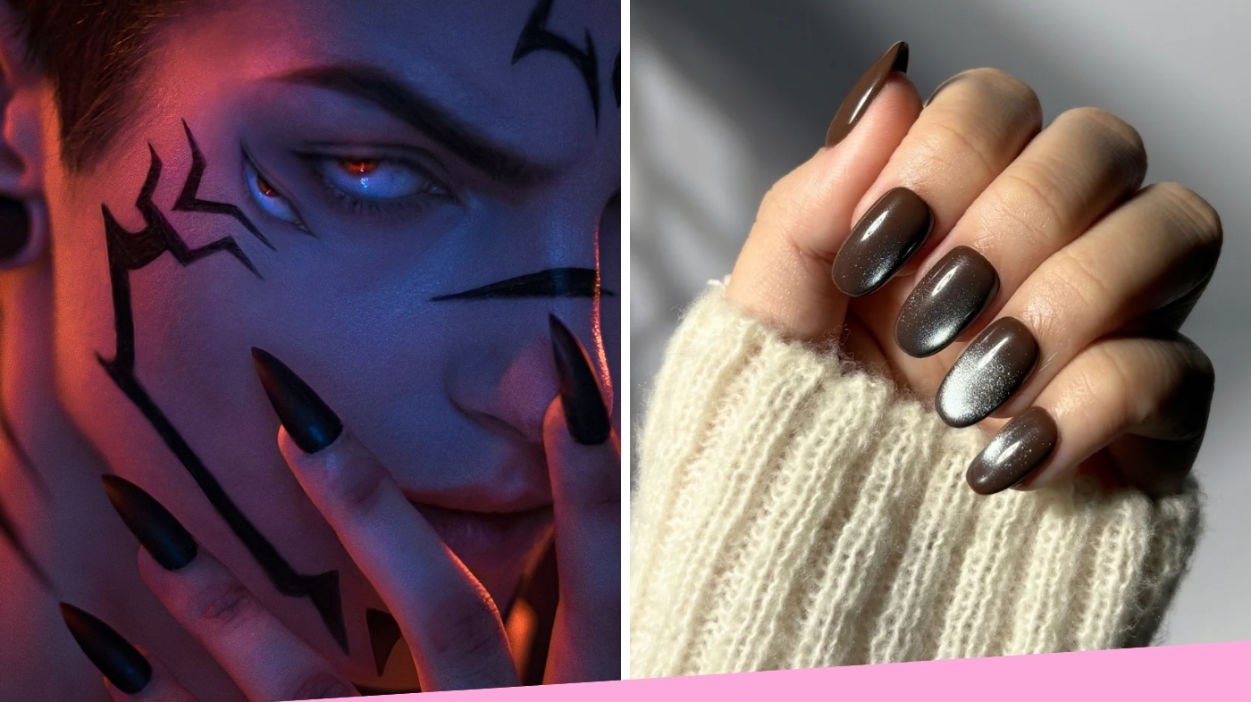 Matte black stiletto press-on nails with curse marking body paint for Sukuna Jujutsu Kaisen cosplay